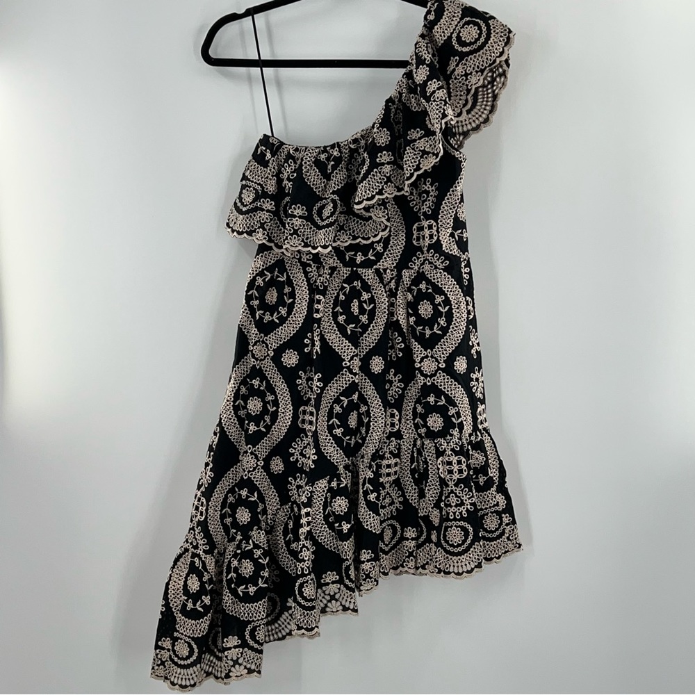 LoveShackFancy Pamela One Shoulder Mini Dress in Black/Cream size Small - Picture 4 of 7
